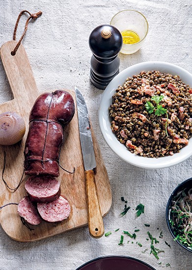 Recette Salade de lentilles du puy, lard grillé, sabodet infusé