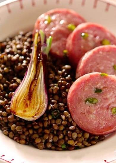 Recette Saucisson à cuire pistaché et lentilles vertes